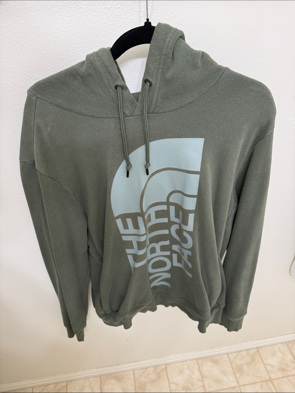 The North Face Men's Olive Green Crewneck Hoodie with Large Logo